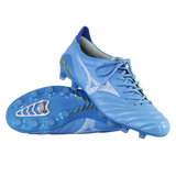 A pair of Mizuno Morelia Neo IV Elite FG soccer cleats in Celeste/White/Ultramarine, featuring molded studs and kangaroo leather forefoot—one upright, one on its side—displayed on a plain white background.