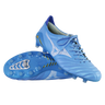 A pair of Mizuno Morelia Neo IV Elite FG soccer cleats in Celeste/White/Ultramarine, featuring molded studs and kangaroo leather forefoot—one upright, one on its side—displayed on a plain white background.