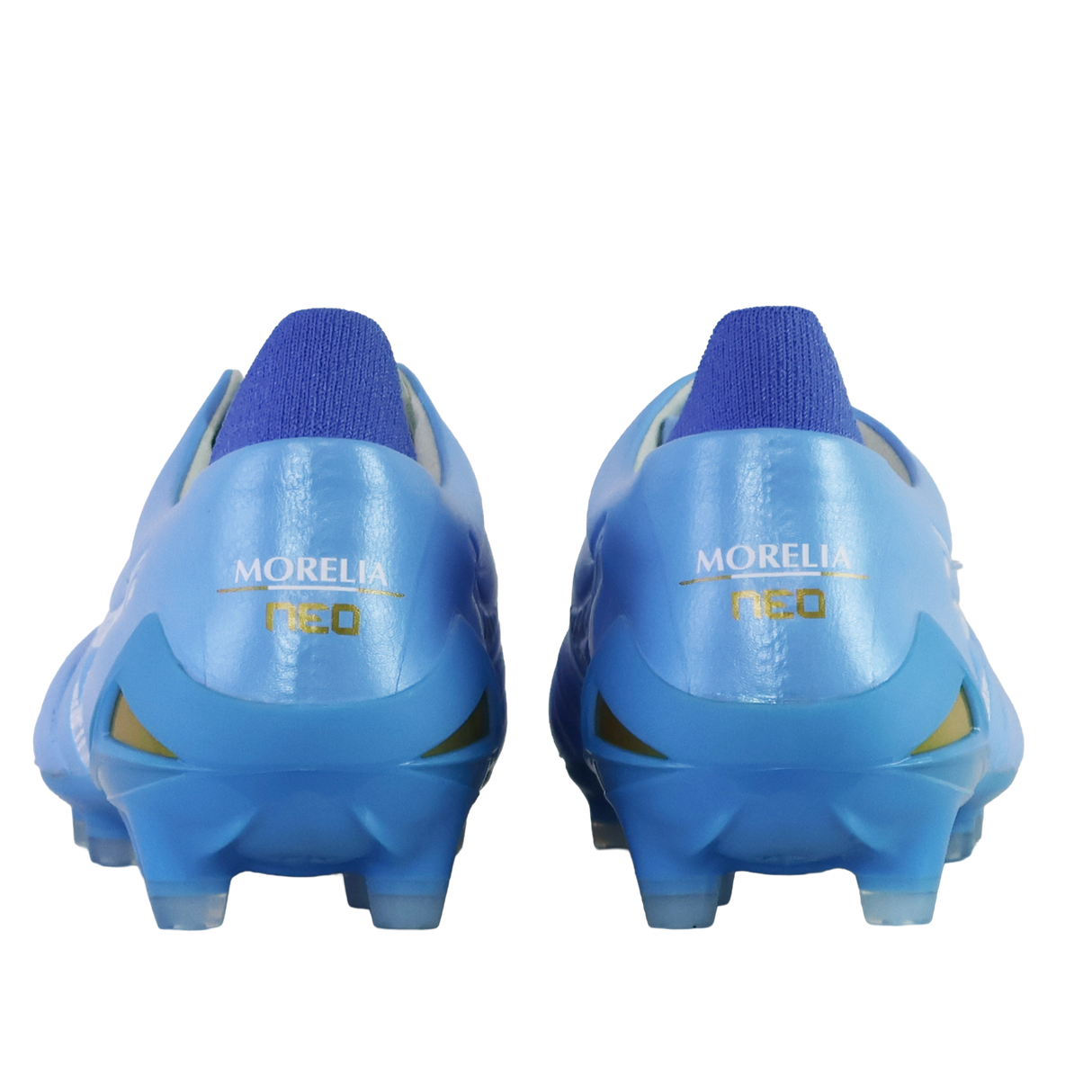 Rear view of two Mizuno Morelia Neo IV Elite FG soccer cleats in Celeste/White/Ultramarine, featuring kangaroo leather forefeet and gold brand and model text on the heels, set against a white background.
