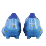 Rear view of two Mizuno Morelia Neo IV Elite FG soccer cleats in Celeste/White/Ultramarine, featuring kangaroo leather forefeet and gold brand and model text on the heels, set against a white background.