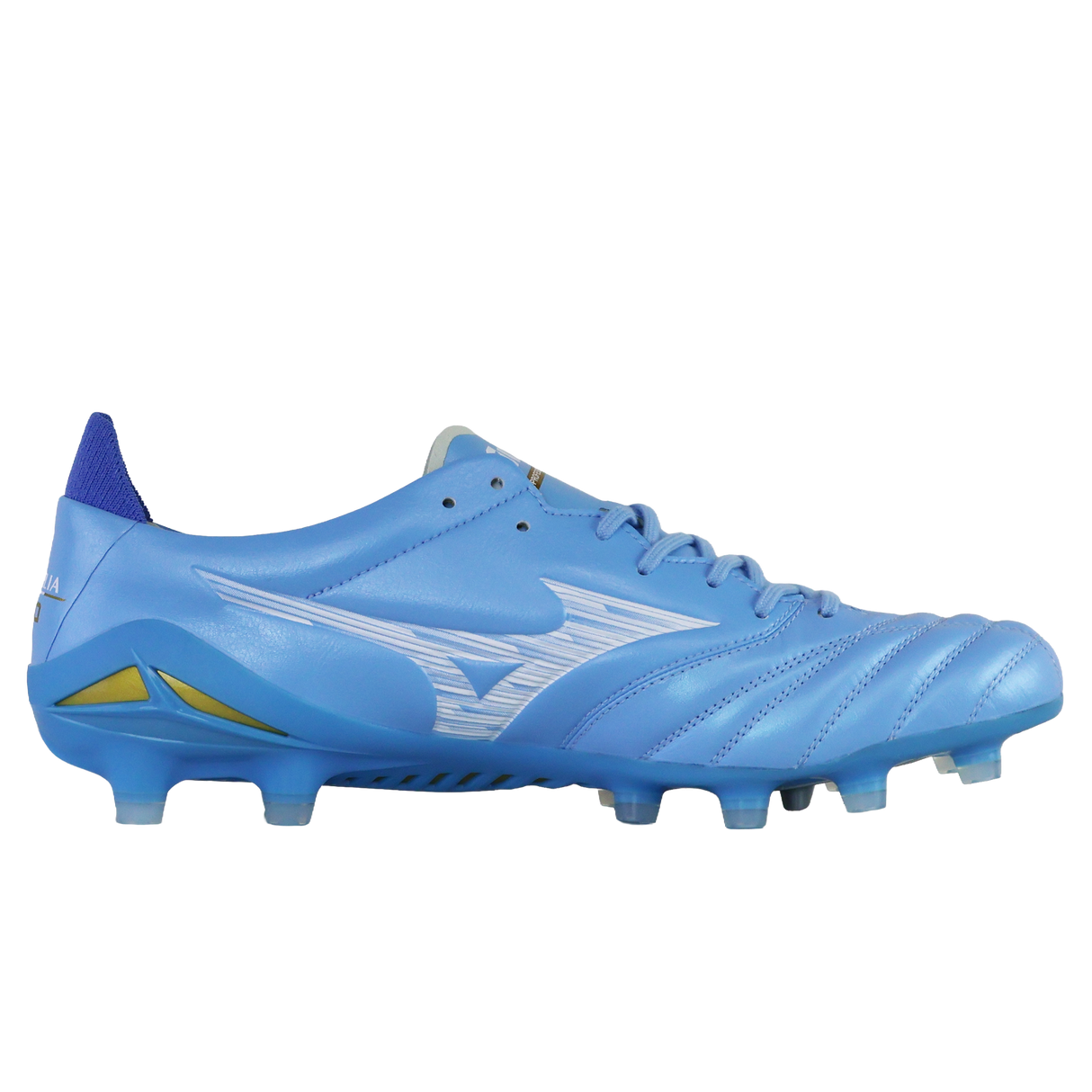 The Mizuno Morelia Neo IV Elite FG in Celeste/White/Ultramarine is a lightweight soccer cleat with a lace-up design, kangaroo leather forefoot, and a textured sole with molded studs for agile performance.