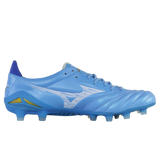 The Mizuno Morelia Neo IV Elite FG in Celeste/White/Ultramarine is a lightweight soccer cleat with a lace-up design, kangaroo leather forefoot, and a textured sole with molded studs for agile performance.