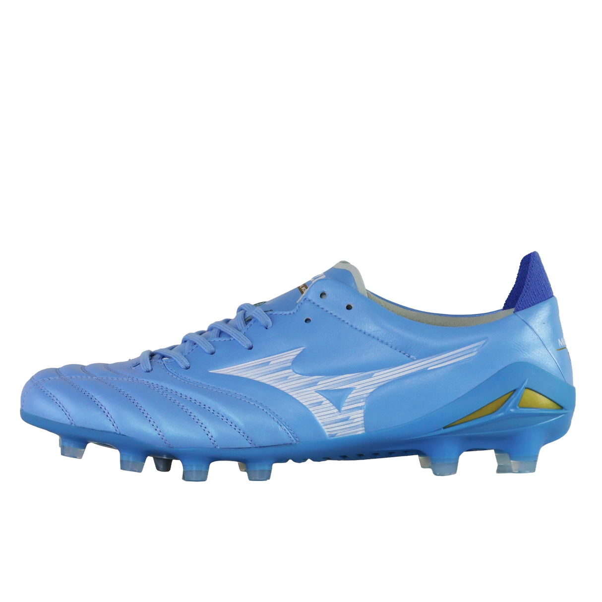 The Mizuno Morelia Neo IV Elite FG soccer cleat in Celeste/White/Ultramarine features a kangaroo leather forefoot, white details, lace-up front, and molded studs, shown against a plain white background.