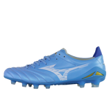 The Mizuno Morelia Neo IV Elite FG soccer cleat in Celeste/White/Ultramarine features a kangaroo leather forefoot, white details, lace-up front, and molded studs, shown against a plain white background.