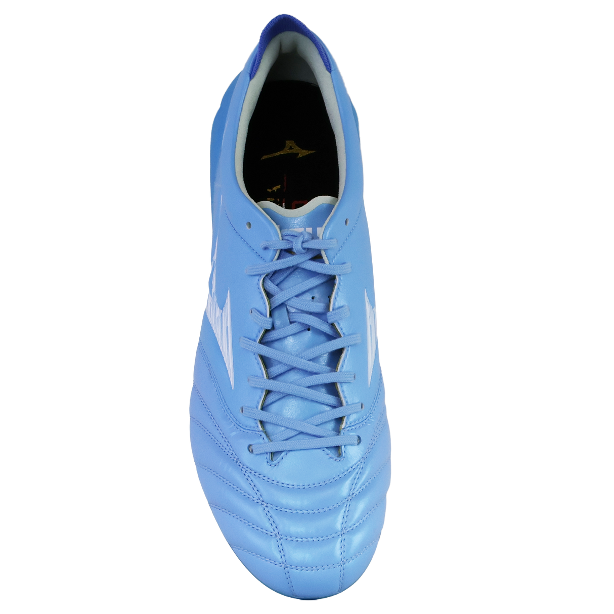 A top view of the Mizuno Morelia Neo IV Elite FG soccer cleat by Mizuno in Celeste/White/Ultramarine, featuring white accents, a lace-up design, and a kangaroo leather forefoot, isolated on a white background.