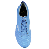 A top view of the Mizuno Morelia Neo IV Elite FG soccer cleat by Mizuno in Celeste/White/Ultramarine, featuring white accents, a lace-up design, and a kangaroo leather forefoot, isolated on a white background.