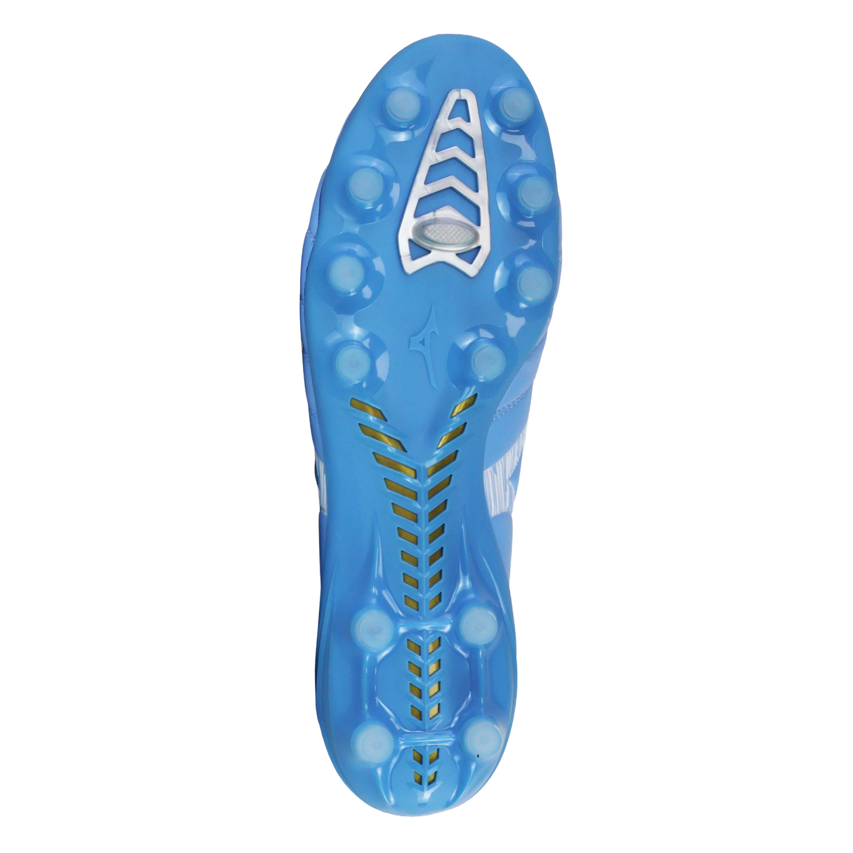 Bottom view of the Mizuno Morelia Neo IV Elite FG in Celeste/White/Ultramarine, a lightweight boot with molded studs, a textured sole for grip, and premium kangaroo leather forefoot for comfort. Brand: Mizuno.