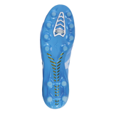 Bottom view of the Mizuno Morelia Neo IV Elite FG in Celeste/White/Ultramarine, a lightweight boot with molded studs, a textured sole for grip, and premium kangaroo leather forefoot for comfort. Brand: Mizuno.