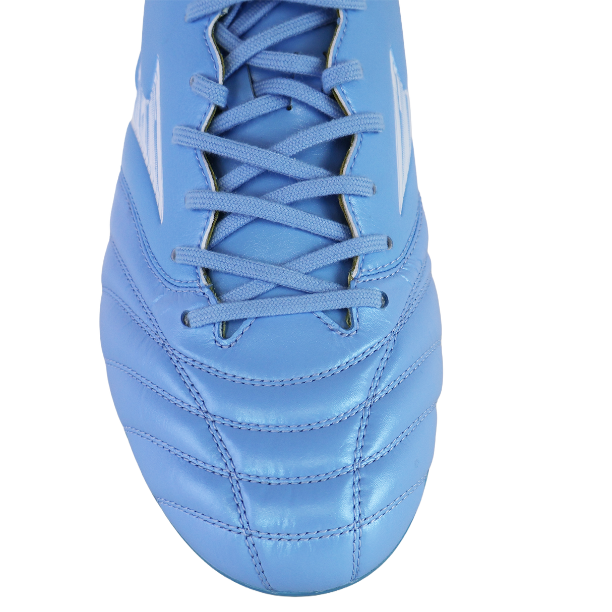 Top view of the Mizuno Morelia Neo IV Elite FG in Celeste/White/Ultramarine, showcasing laces, white stitching, and premium kangaroo leather forefoot for a lightweight feel against a white background.