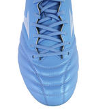 Top view of the Mizuno Morelia Neo IV Elite FG in Celeste/White/Ultramarine, showcasing laces, white stitching, and premium kangaroo leather forefoot for a lightweight feel against a white background.