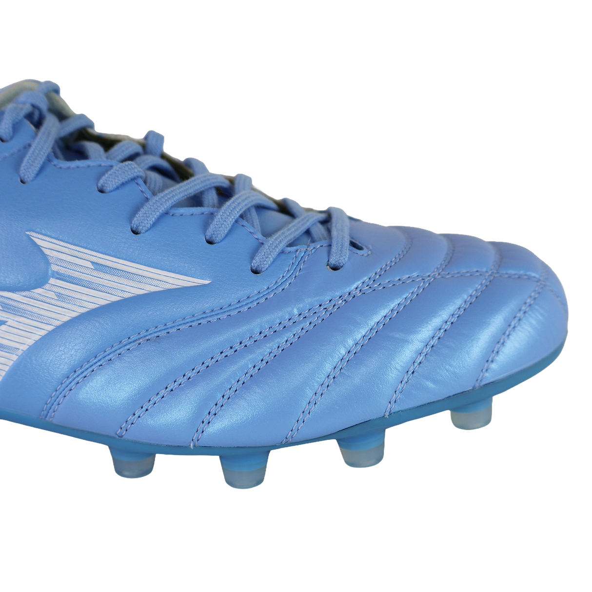 Close-up of the Mizuno Morelia Neo IV Elite FG in Celeste/White/Ultramarine, a lightweight Mizuno rugby boot with stitched detailing, laces, plastic studs, and a premium kangaroo leather forefoot on a white background.
