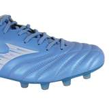 Close-up of the Mizuno Morelia Neo IV Elite FG in Celeste/White/Ultramarine, a lightweight Mizuno rugby boot with stitched detailing, laces, plastic studs, and a premium kangaroo leather forefoot on a white background.