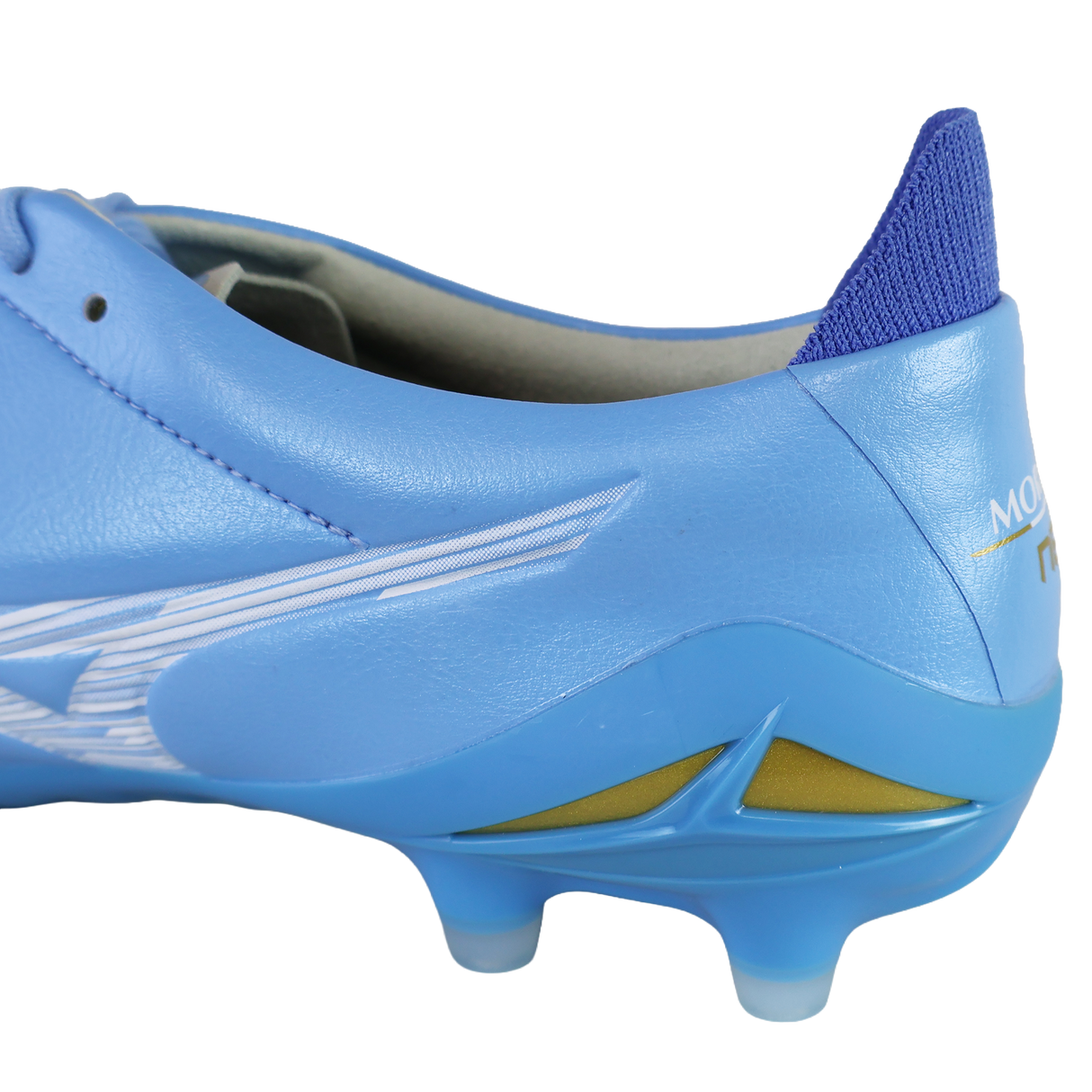 Close-up of the heel and side of the Mizuno Morelia Neo IV Elite FG in Celeste/White/Ultramarine, highlighting the premium kangaroo leather forefoot, detailed upper stitching, gold accents, and part of the sole.