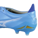Close-up of the heel and side of the Mizuno Morelia Neo IV Elite FG in Celeste/White/Ultramarine, highlighting the premium kangaroo leather forefoot, detailed upper stitching, gold accents, and part of the sole.