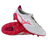 A pair of Mizuno Morelia Neo IV FG soccer cleats in White/Pink Tetra/Fuchsia Purple, featuring premium K-leather, a stylized Mizuno logo, and studded soles—one upright and one lying on its side.