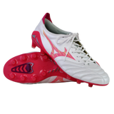 A pair of Mizuno Morelia Neo IV FG soccer cleats in White/Pink Tetra/Fuchsia Purple, featuring premium K-leather, a stylized Mizuno logo, and studded soles—one upright and one lying on its side.