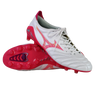 A pair of Mizuno Morelia Neo IV FG soccer cleats in White/Pink Tetra/Fuchsia Purple, featuring premium K-leather, a stylized Mizuno logo, and studded soles—one upright and one lying on its side.