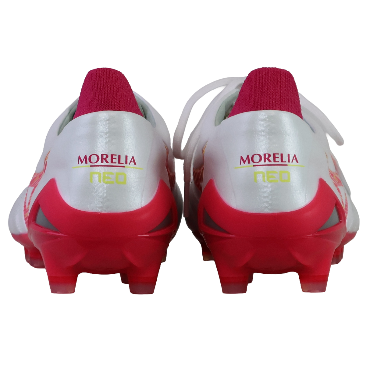 Rear view of Mizuno Morelia Neo IV FG soccer cleats in White/Pink Tetra/Fuchsia Purple, made with premium K-leather and "MORELIA NEO" printed on the heel in gold and yellow.