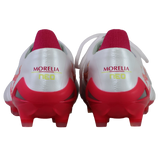 Rear view of Mizuno Morelia Neo IV FG soccer cleats in White/Pink Tetra/Fuchsia Purple, made with premium K-leather and "MORELIA NEO" printed on the heel in gold and yellow.