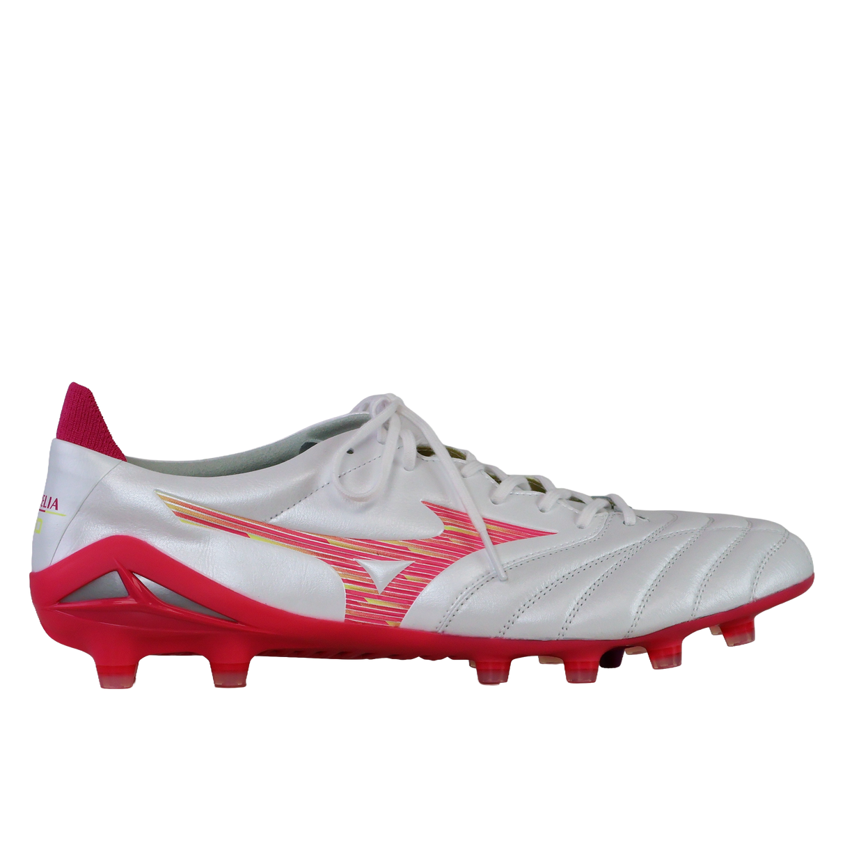 The Mizuno Morelia Neo IV FG in White/Pink Tetra/Fuchsia Purple is a premium K-leather soccer cleat with laces, a red studded sole, and side logo—designed by Mizuno for top performance.