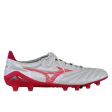 The Mizuno Morelia Neo IV FG in White/Pink Tetra/Fuchsia Purple is a premium K-leather soccer cleat with laces, a red studded sole, and side logo—designed by Mizuno for top performance.
