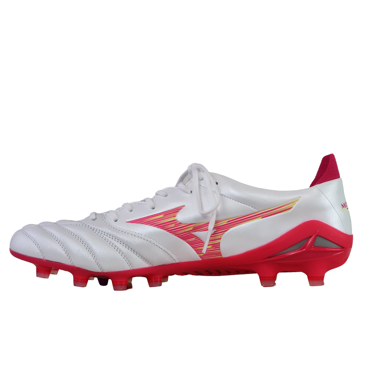 The Mizuno Morelia Neo IV FG in White/Pink Tetra/Fuchsia Purple features a large Mizuno logo, red studs, and premium K-leather, shown from the side against a plain background.