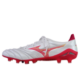 The Mizuno Morelia Neo IV FG in White/Pink Tetra/Fuchsia Purple features a large Mizuno logo, red studs, and premium K-leather, shown from the side against a plain background.