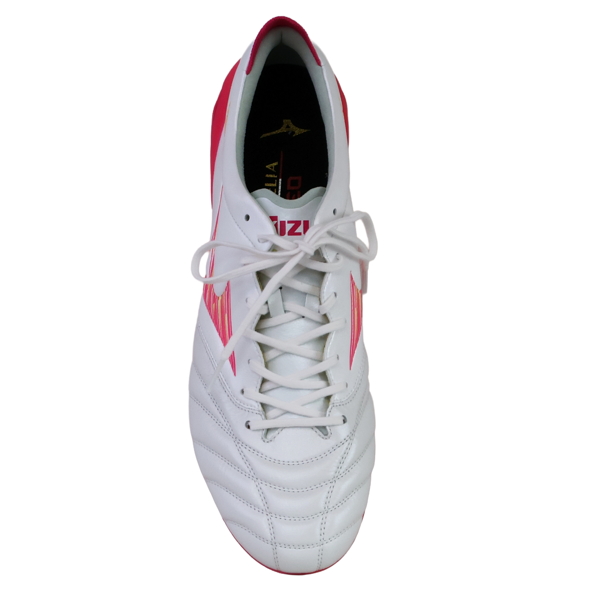 The Mizuno Morelia Neo IV FG soccer cleat by Mizuno, shown from above, features premium white K-leather with pink tetra and fuchsia purple accents, white laces, and a stitched toe design against a plain background.
