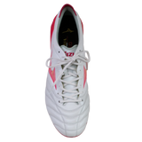 The Mizuno Morelia Neo IV FG soccer cleat by Mizuno, shown from above, features premium white K-leather with pink tetra and fuchsia purple accents, white laces, and a stitched toe design against a plain background.