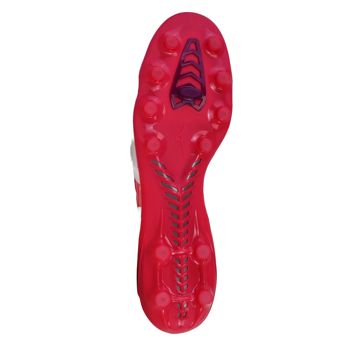 The Mizuno Morelia Neo IV FG rugby boots by Mizuno, in White/Pink Tetra/Fuchsia Purple, feature a central traction pattern and multiple round studs on a premium K-leather sole, seen from the bottom against a white background.