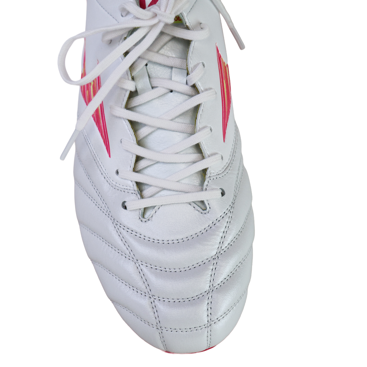 The Mizuno Morelia Neo IV FG soccer cleat in White/Pink Tetra/Fuchsia Purple is shown from above, featuring visible laces and premium K-leather stitching against a white background.