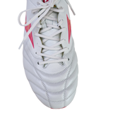 The Mizuno Morelia Neo IV FG soccer cleat in White/Pink Tetra/Fuchsia Purple is shown from above, featuring visible laces and premium K-leather stitching against a white background.