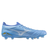 The Mizuno Morelia Neo IV Beta Elite FG soccer cleat in Celeste/White/Ultramarine features textured details, laces, and molded studs, made from premium kangaroo leather and shown in a side profile on a plain white background.
