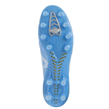 The sole of the Mizuno Morelia Neo IV Beta Elite FG in Celeste/White/Ultramarine features multiple round studs and a central chevron pattern.
