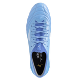 Top view of the Mizuno Morelia Neo IV Beta Elite FG in Celeste/White/Ultramarine, a lace-up firm ground football boot with a black insole, gold Mizuno logo, and "MORELIA NEO" branding.