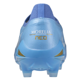 Rear view of the Mizuno Morelia Neo IV Beta Elite FG firm ground boots in Celeste/White/Ultramarine, featuring "MORELIA NEO" in gold on the heel. Made from premium kangaroo leather for exceptional touch and comfort.