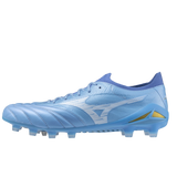 The Mizuno Morelia Neo IV Beta Elite FG in Celeste/White/Ultramarine features molded studs, a textured upper, and a low-top design for firm ground play.