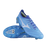 A pair of Mizuno Morelia Neo IV Beta Elite FG football boots in Celeste/White/Ultramarine, one upright and one on its side displaying the sole and studs.