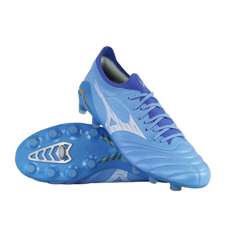 A pair of Mizuno Morelia Neo IV Beta Elite FG football boots in Celeste/White/Ultramarine, one upright and one on its side displaying the sole and studs.