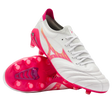 Mizuno Morelia Neo IV Beta Elite FG football boots in white with pink and orange graphic details and a bright pink sole plate.