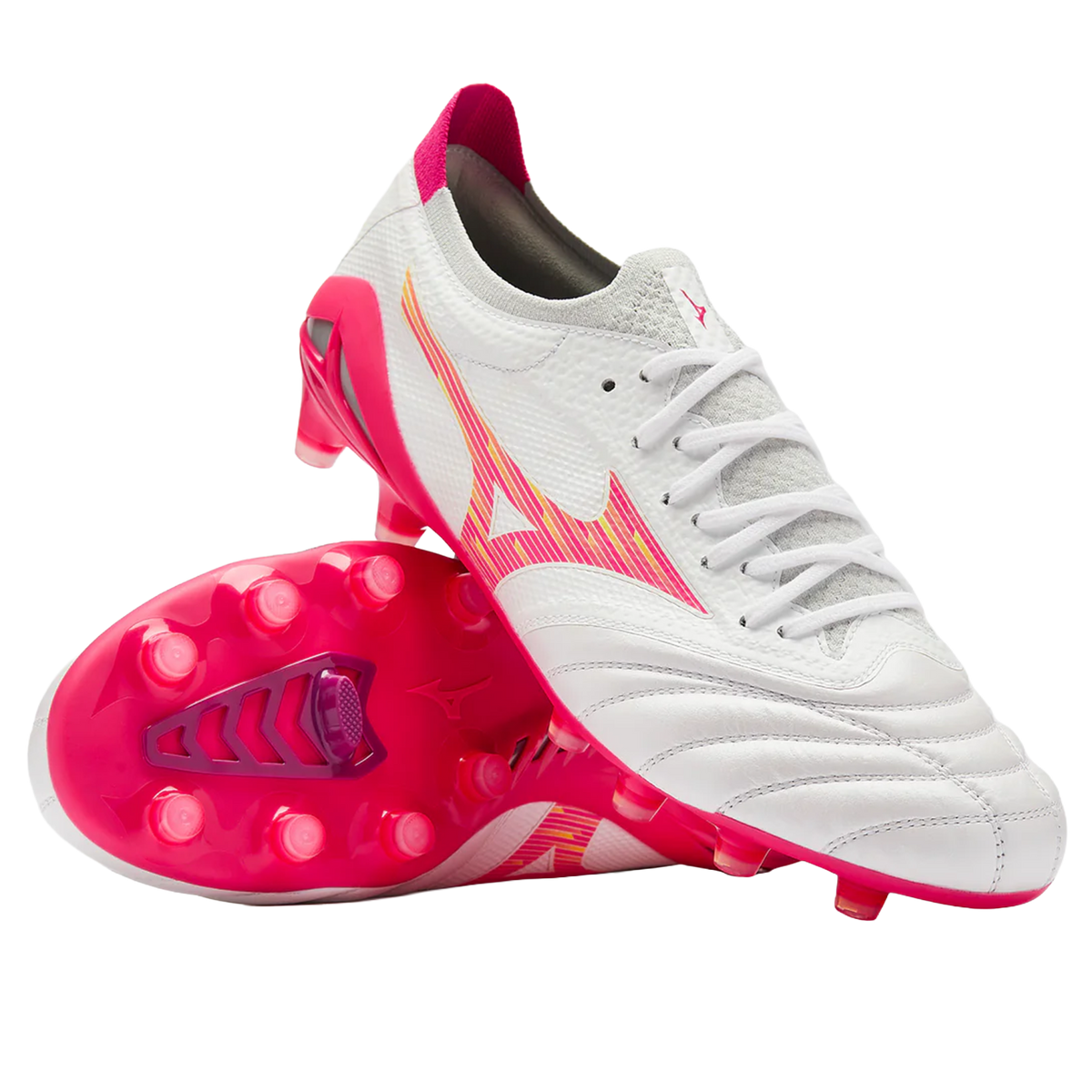 Mizuno Morelia Neo IV Beta Elite FG football boots in white with pink and orange graphic details and a bright pink sole plate.