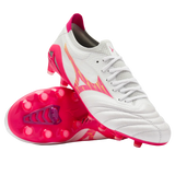 Mizuno Morelia Neo IV Beta Elite FG football boots in white with pink and orange graphic details and a bright pink sole plate.