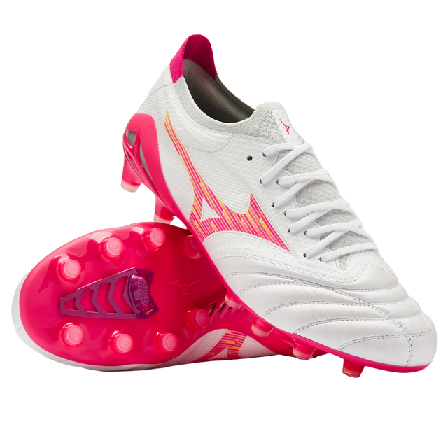 Mizuno Morelia Neo IV Beta Elite FG football boots in white with pink and orange graphic details and a bright pink sole plate.