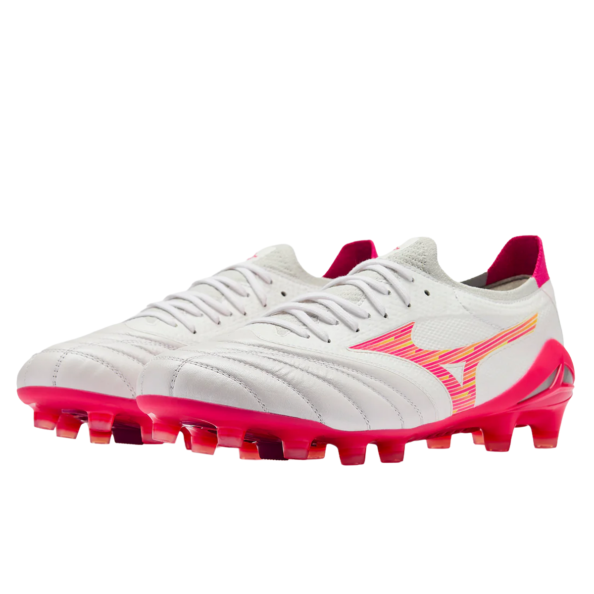 Mizuno Morelia Neo IV Beta Elite FG soccer cleat in white with pink accents and a bright pink sole plate.