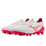 Mizuno Morelia Neo IV Beta Elite FG soccer cleat in white with pink accents and a bright pink sole plate.