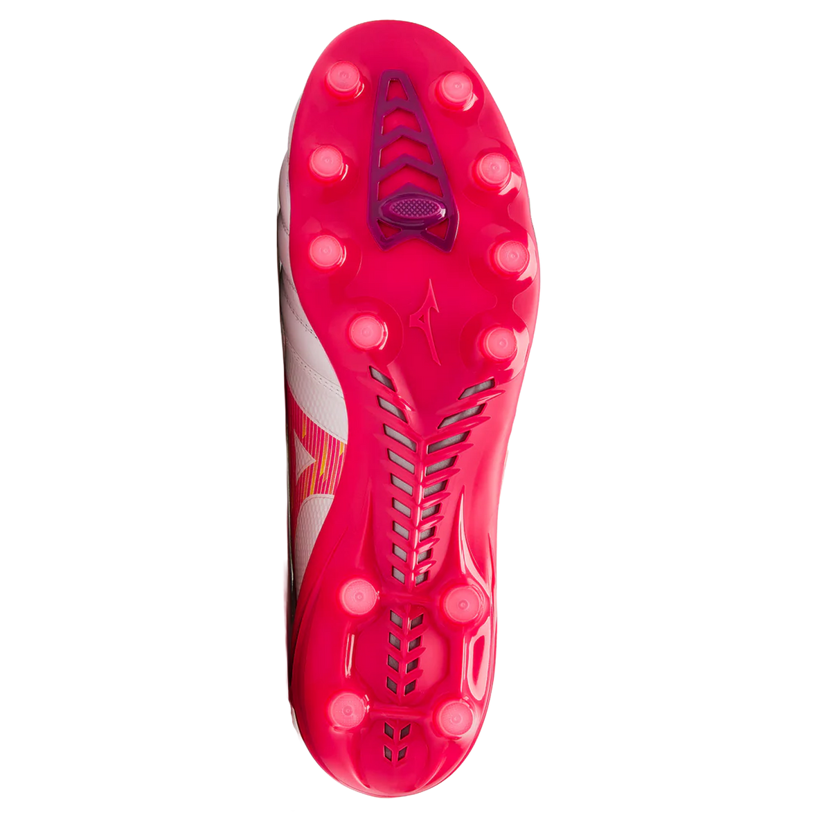 Sole of a white Mizuno Morelia Neo IV Beta Elite FG - White/Pink Tetra/Fuchsia Purple soccer cleat, featuring a bright pink base and matching studs.
