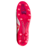 Sole of a white Mizuno Morelia Neo IV Beta Elite FG - White/Pink Tetra/Fuchsia Purple soccer cleat, featuring a bright pink base and matching studs.