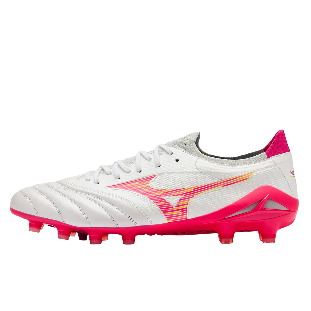 Mizuno Morelia Neo IV Beta Elite FG soccer cleats in white with a pink logo and a bright pink sole plate with studs.