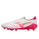 Mizuno Morelia Neo IV Beta Elite FG soccer cleats in white with a pink logo and a bright pink sole plate with studs.