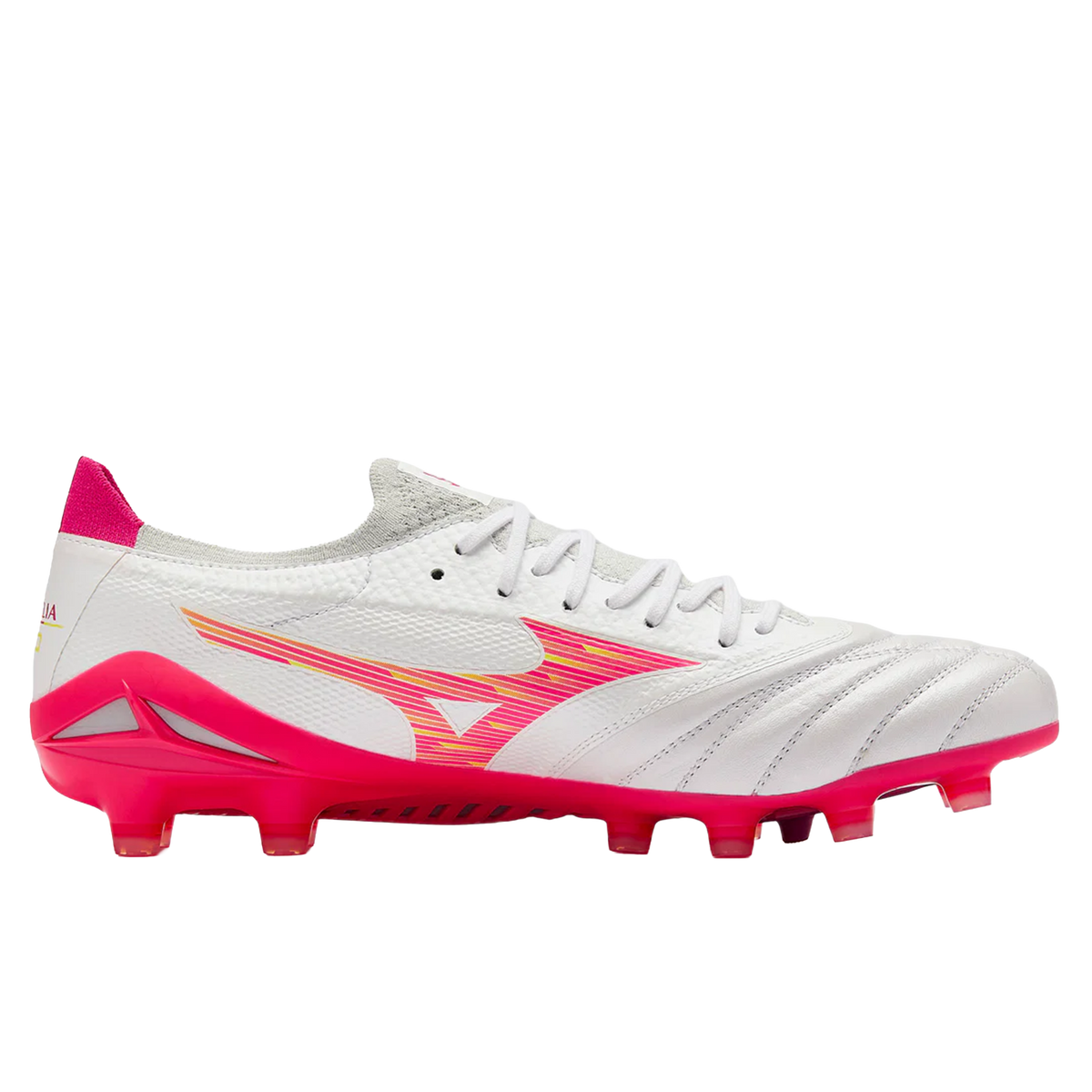 Mizuno Morelia Neo IV Elite FG soccer cleat in white with a pink logo and a bright pink firm ground soleplate.